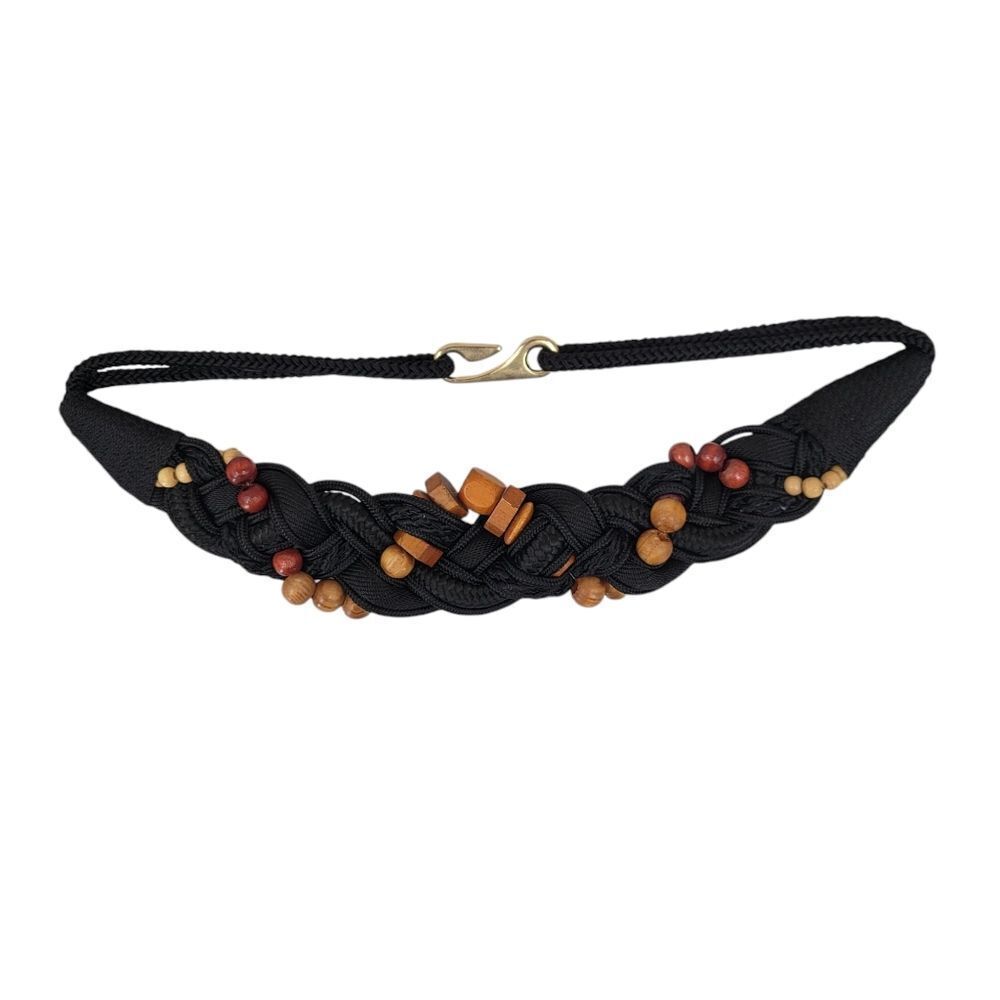 Black Braided Belt with Wooden Beads Vintage 80s Nylon Strech Cord Woven